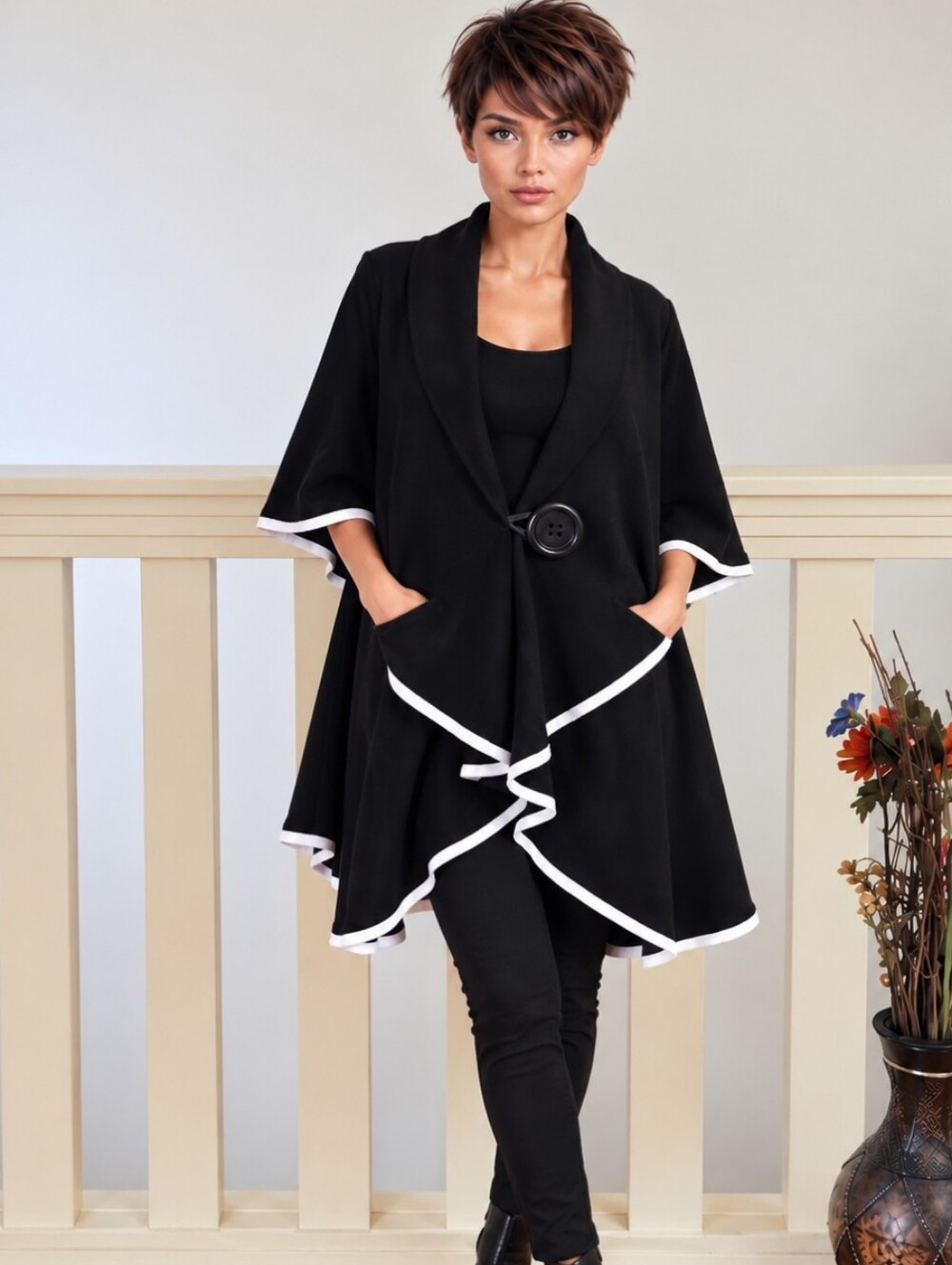 Black Quiet Luxury Cape | White Trim | Draped Statement Outerwear | 2 Pockets